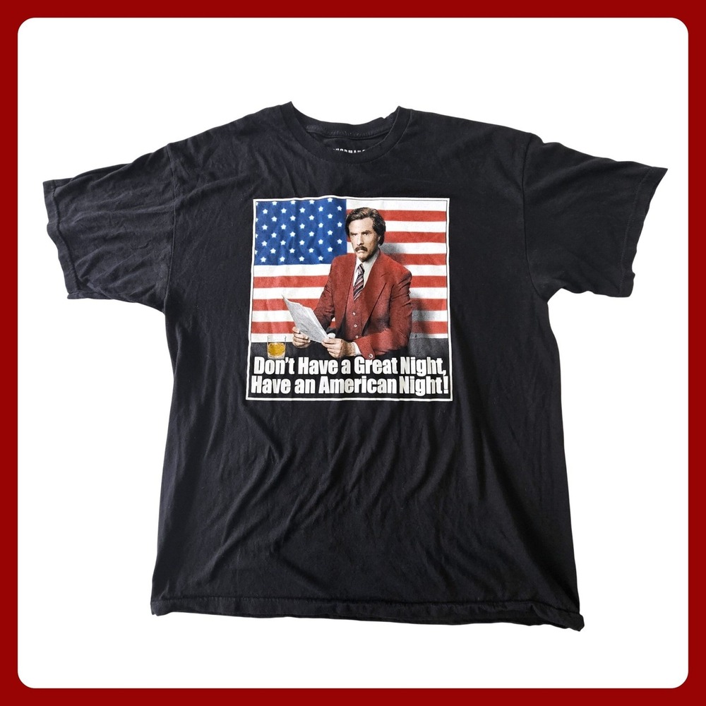 Anchorman Ron Burgundy American Night Graphic Tee Size L Men Black‎ EUC